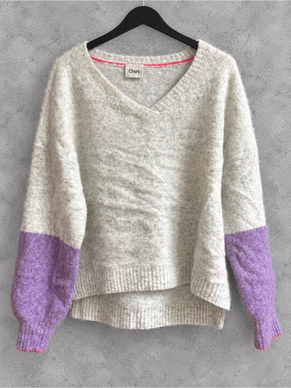 Charli Alpaca Wool Blend Colorblock Balloon Sleeve Sweater Cream Purple
